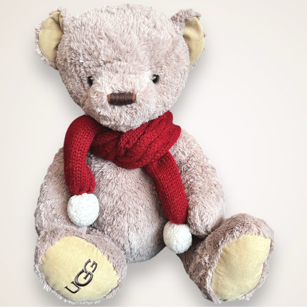 UGG Beige Teddy Bear with Red Scarf 16”